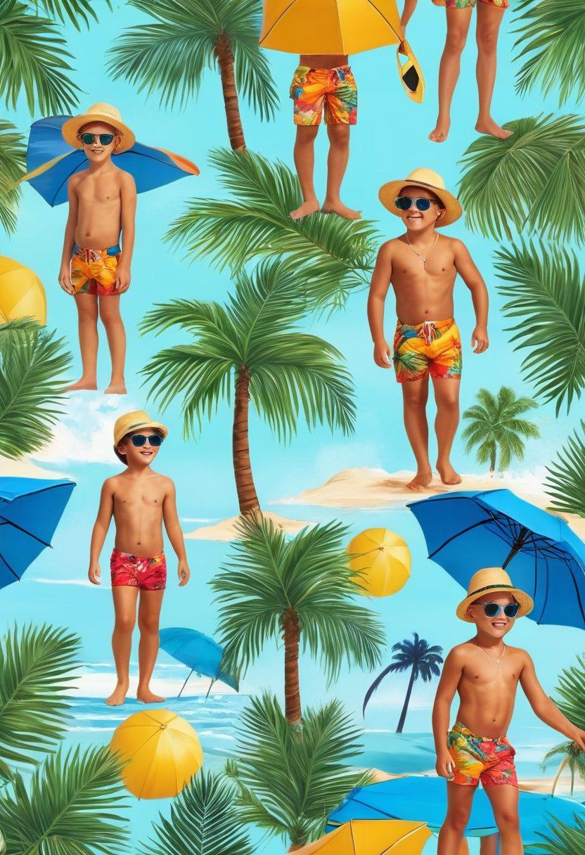A vibrant beach scene featuring stylish boys in trendy swimwear, showcasing a variety of colorful patterns and designs. The boys are engaging in fun summer activities like surfing, playing beach volleyball, and building sandcastles, with a bright blue sky and golden sun overhead. Include accessories like trendy sunglasses and beach hats to enhance the summer vibe. The sandy beach is dotted with beach umbrellas and tropical palm trees in the background. vibrant colors. super-realistic.